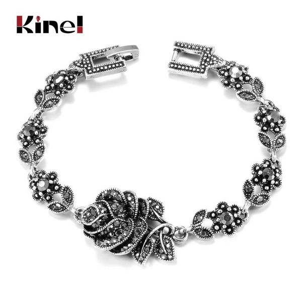 

link, chain kinel rose flower bracelets for women tibetan silver boho charm crystal bracelet bride wedding jewelry russian accessories, Black
