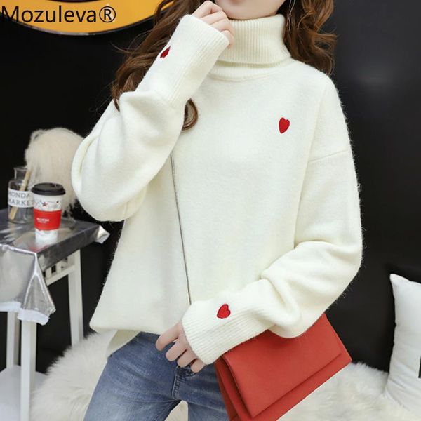 

bornladies 2020 autumn winter long sleeve warm knitted pullover sweater turtleneck female oversize thick sweater printed heart, White;black