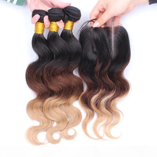 

brazilian 1b 4 27 honey blonde ombre hair 3bundles with lace closure dark roots ombre brazilian hair body wave with closure 4pcs lot, Black