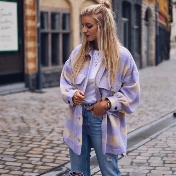 

women new spring fashion purple plaid za jacket vintage girl single breasted loose long jackets women casual streetwear 201112, Black;brown