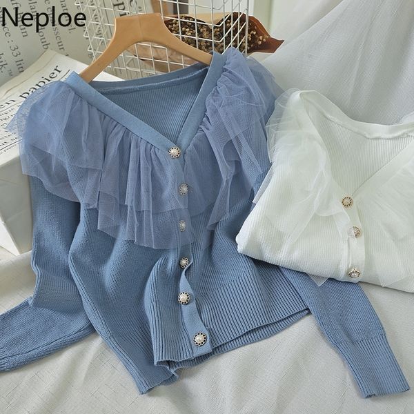 

neploe mesh patchwork sweater women spring fashion v neck single breasted ladies jumper casual slim fit female 1a937 201202, White;black
