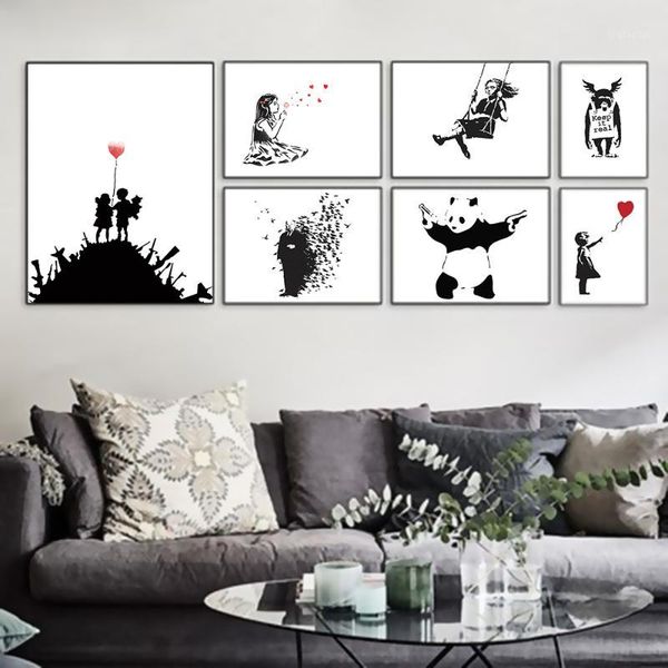 

paintings banksy black white modern abstract hipster art print poster wall picture living room canvas painting no frame home decor1