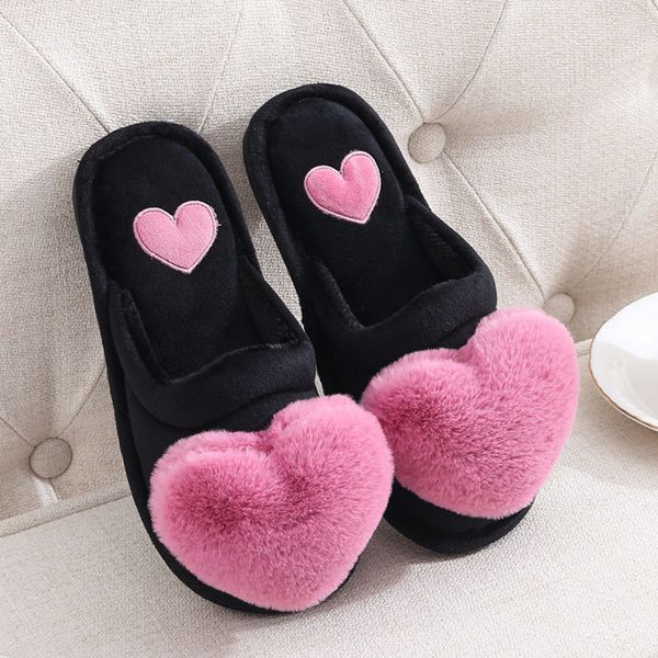 

fashion slippers ladies plush flat with non-slip woman slipper 2021 comfortable cute indoor warm winter love heart cotton flock y0427, Black
