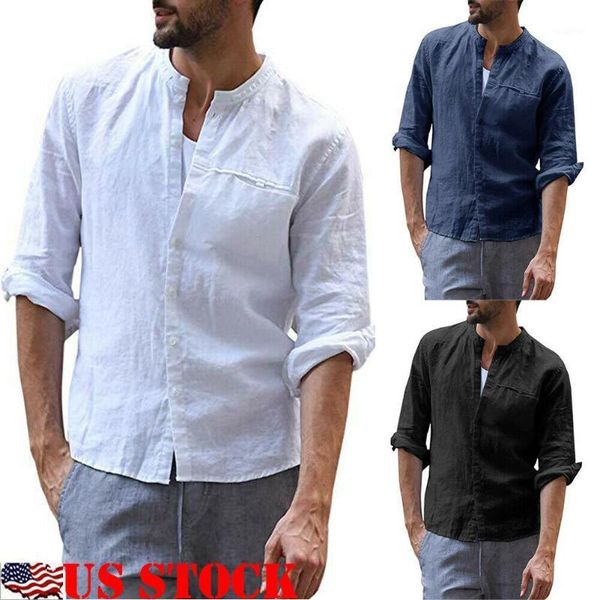 

fashion men solid casual shirt retro man long sleeve stand collar blouse shirt summer cotton linen men casual, White;black