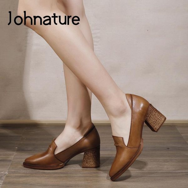 

dress shoes johnature pumps women pointed toe retro 2021 spring high heels genuine leather slip-on shallow sewing ladies, Black