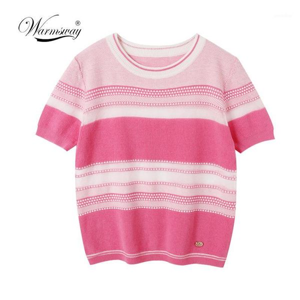 

knitted cotton women striped pink t-shirt 2020 summer new brand round neck women short sleeves female b-1741, White