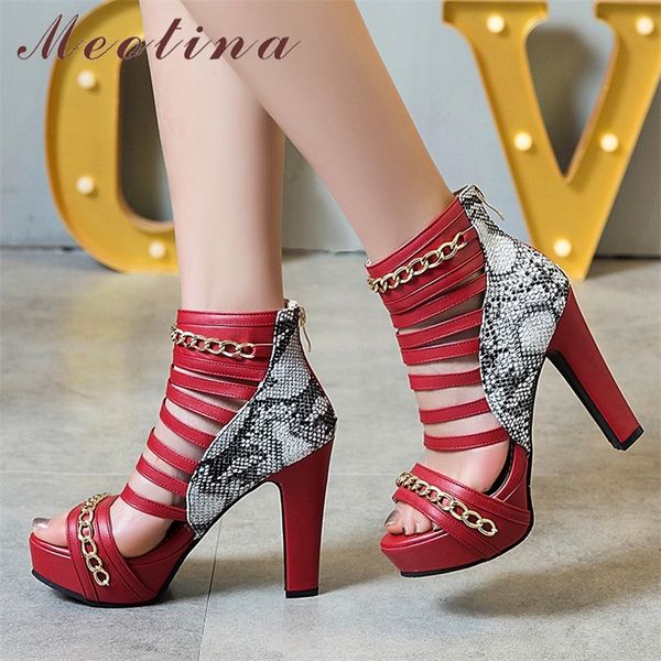 

meotina summer gladiator shoes women sandals chain platform thick heel shoes zip super high heel sandals lady red plus size 3-12 y200405, Black