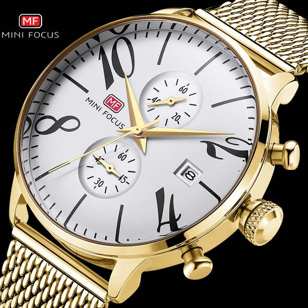 

mini focus royal mens watches brand luxury quartz clock golden mesh strap waterproof chronograph watch men relogio masculino, Slivery;brown