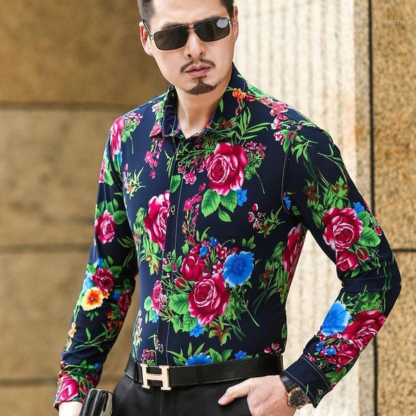 

wholesale- 5xl 6xl plus size mens long sleeve silk cotton shirts floral shirt men slim fit male casual imported clothing camisa social t11, White;black