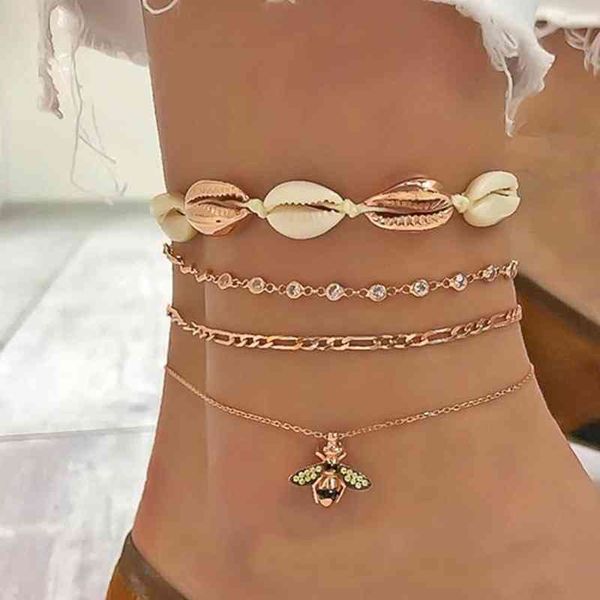 

4pcs boho bee shell rhinestone anklet women beach food chain jewelry gifts ankle bracelet for anklets, Red;blue