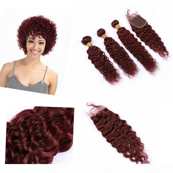 

#99j color brazilian hair bundles with closure 4" * 4" water wavy weave human hair human bundles with closure, Black;brown