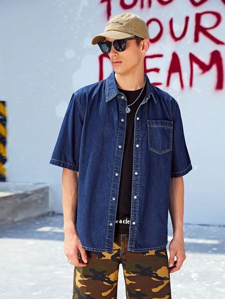 

men pocket patched button up denim shirt b77p#, Blue