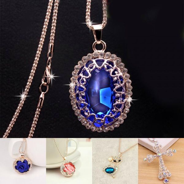 

fashion women rhinestones crystal rose flower statement necklace sweater chain necklace & pendant jewelry clothing accessories, Silver