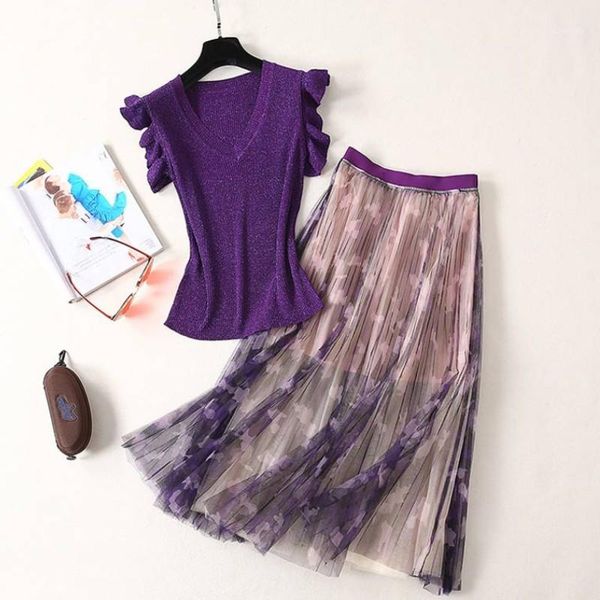

new autumn women purple ruffles sleeve knit sweater pullovers +elastic waist floral print pleated skirt suit two piece set1, White