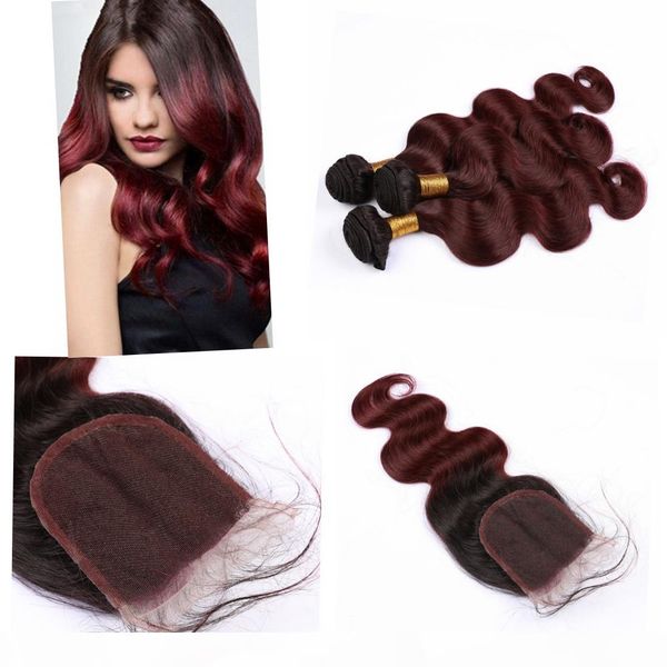 

inidan hair ombre bundles with closure body wave ombre #1b #99j dark root ombre bundles with closure human hair, Black;brown