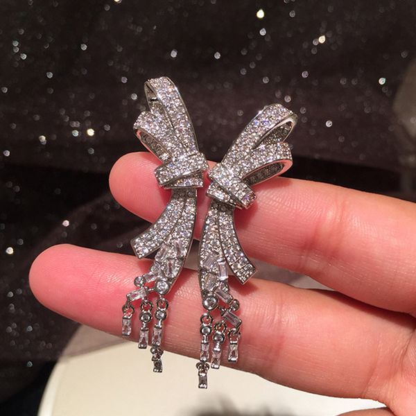 

sparkling full diamond rhinestone zircon bow earrings new fashion stud earrings for woman girls students brides s925 silver post, Golden;silver