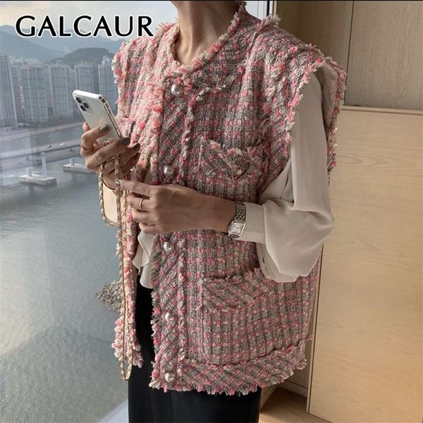 Galcaur casual casaco para as mulheres o pescoço de manga bate bolsos de cor pérolas botão elegante revestimentos de grandes dimensões feminino moda roupas 201214