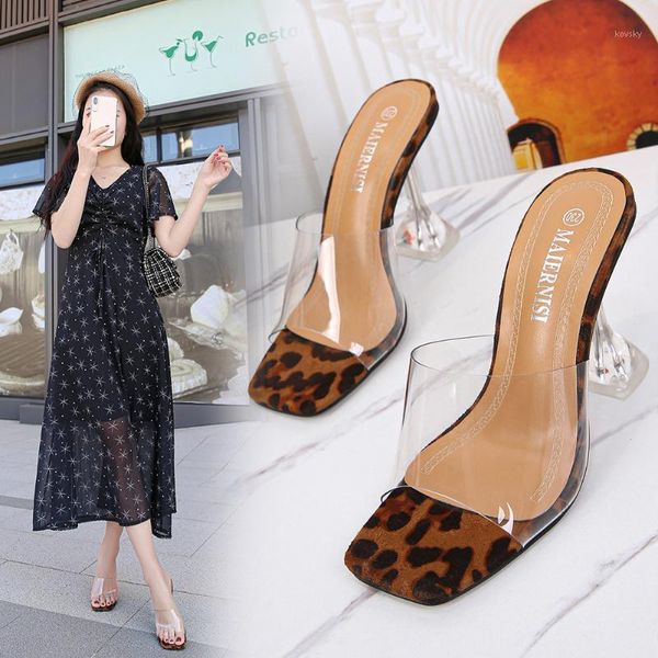 Fascia trasparente modello leopardo donna slip on infradito animali stampe diapositive vetro trasparente scarpe tacco alto donna1