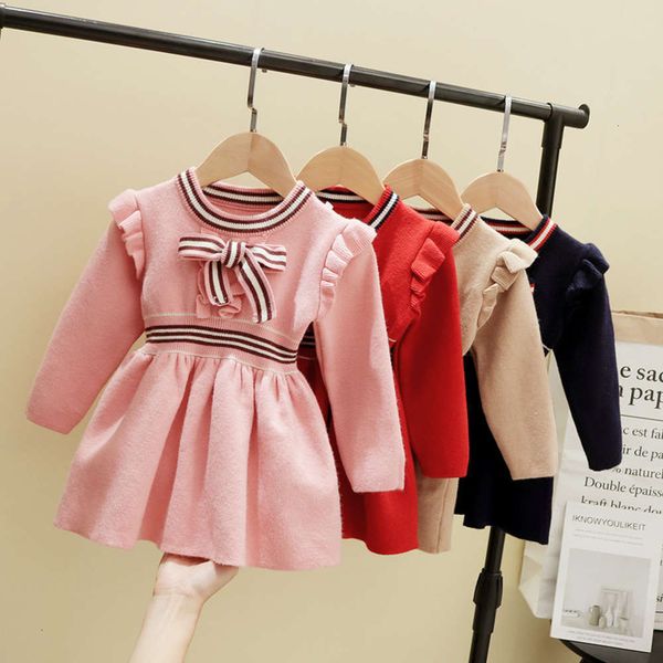 

children's korean autumn and winter 2020 clothing sweater baby knitted woolen girl's drs long sve 1-4 years old, Red;yellow