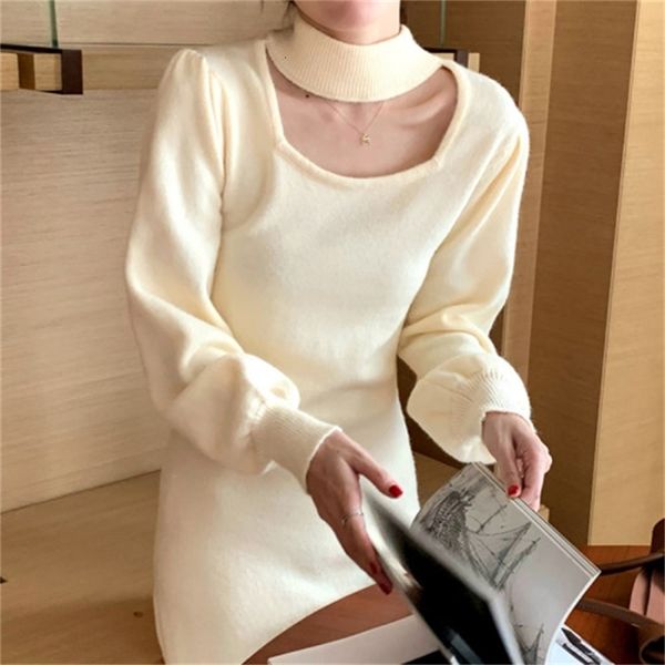 

2021 new dressed in women's solid knitting turtleneck elegant hollow out lantern sleeves waist dress line to spring ngxr, Black;gray