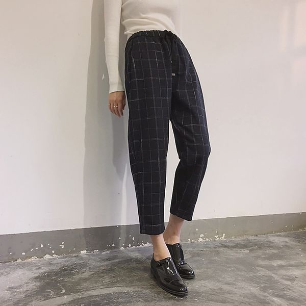 

summer women harajuku plaid harem pants casual elastic waist slim nine-point plaid harem pants fashion korean women harem pant t200617, Black;white