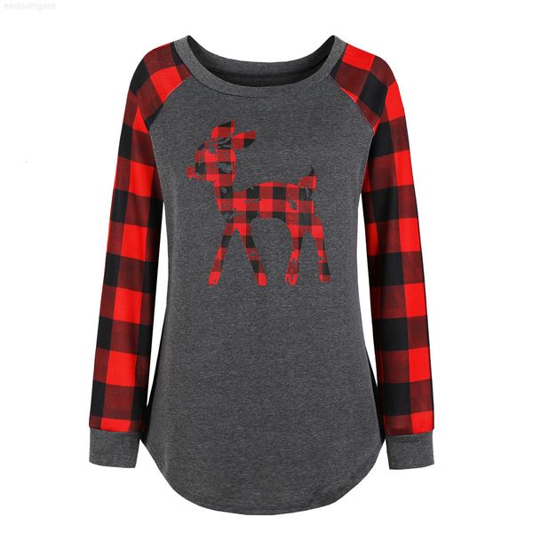

2020 women's plaid deer head print round neck long sleeve t-shirt 313, Black;brown