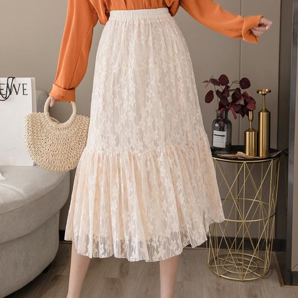 

skirts lace womens fashion elegant elastic high waist patchwork ladies skirt 2021spring both sides wear wild midi female, Black