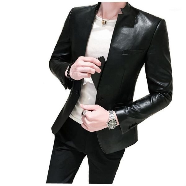 

men suits black slim fit blazer hombre pu leather blazers jacket men one button business casual prom korean suit coat1, White;black