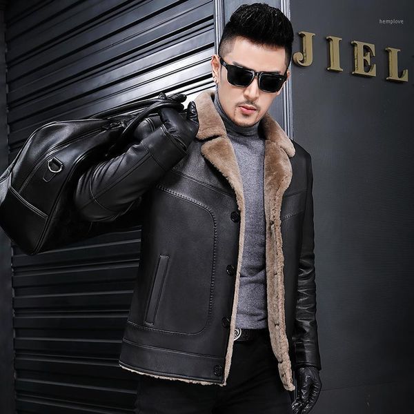

natural wool fur winter genuine sheepskin leather jacket men clothes 2020 plus size coat jlk17722 my7871, Black