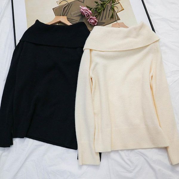 

slash neck women knit sweater simple casual long sleeve lady sweater pullover, White;black