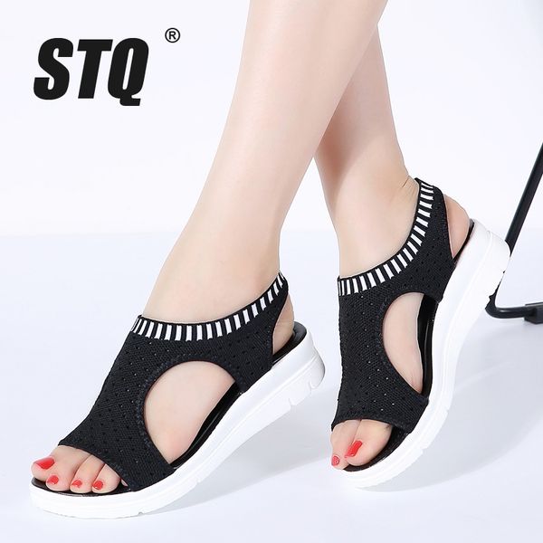 

stq women sandals 2020 new female shoes women summer wedge comfort sandals ladies flat slingback sandals women sandalias qs808 y200623, Black