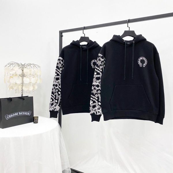 

new ch crosin sanskrit print men's and women's loose plush hooded casual sweater, Black