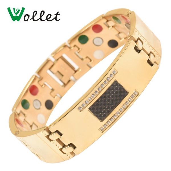

link, chain wollet jewelry titanium bracelet bangle for men gold black white cz stones magnetic infrared germanium tourmaline negative ion
