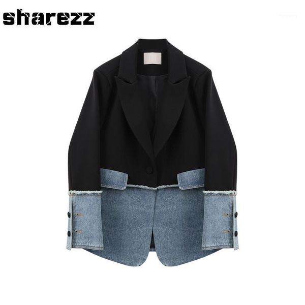 

sharezz spring 2020 new fashion women denim patch jacket coat slim fit long sleeve asymmetrical blazer office tide1, White;black