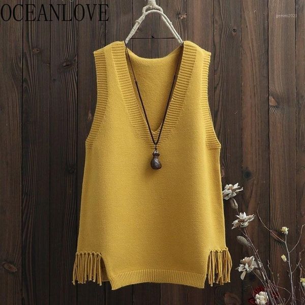 

oceanlove 2020 autumn winter solid sweaters women sleeveless tassel v neck casual vest korean knitted all match pullovers 130631, Black;white