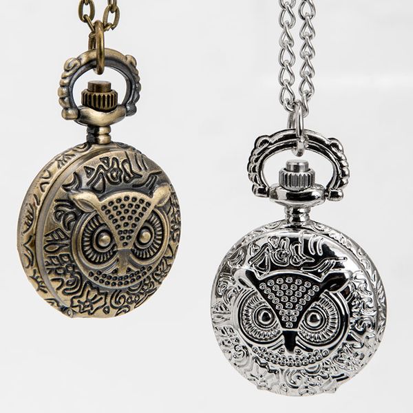 

small owl vintage flip pocket watch quartz movement 27mm female necklace korean sweater chain fashion fashion watch student hanging watch, Slivery;golden