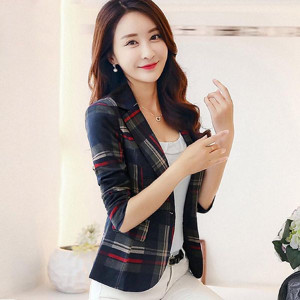 

new 2019 women fashion's blue plaid notched long sleeve single button jacket elegant coat office lady elegant short, Black;brown