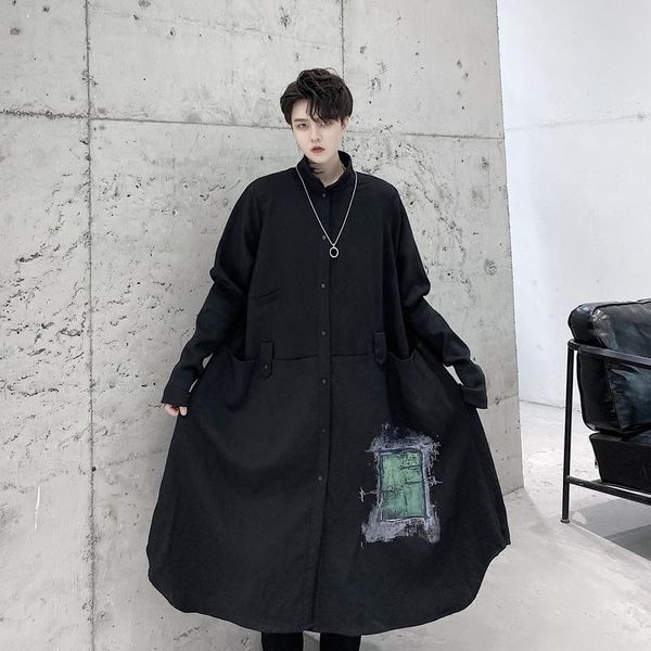 

xldark minimalist niche designer autumn print shirt men's outer wear cloak windbreaker long over-the-knee jacket, Tan;black