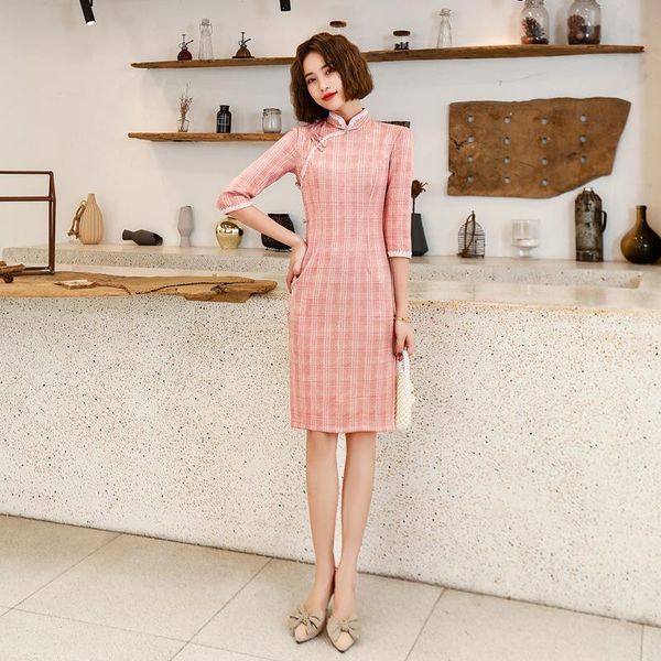 

ethnic clothing 2021 daily dress oriental style cheongsam modern pink plaid chinese dresses classi elegant qipao large size, Red