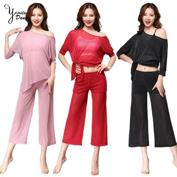 

2020 new bellydance practice clothes costume soft comfortable loose dance practice costume yoga pants off shoulder 1, Black;red