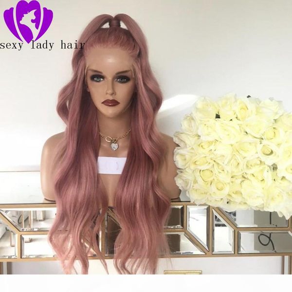 

long pink hair loose wave hair 360 lace wigs middle part part glueless synthetic lace front wigs for fashion women, Black;brown