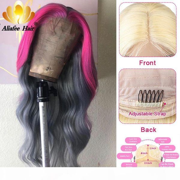 

aliafee grey pink blue purple color 13x1 brazilian body wave hair lace front human hair wigs 150% remy lace wigs for black women, Black;brown