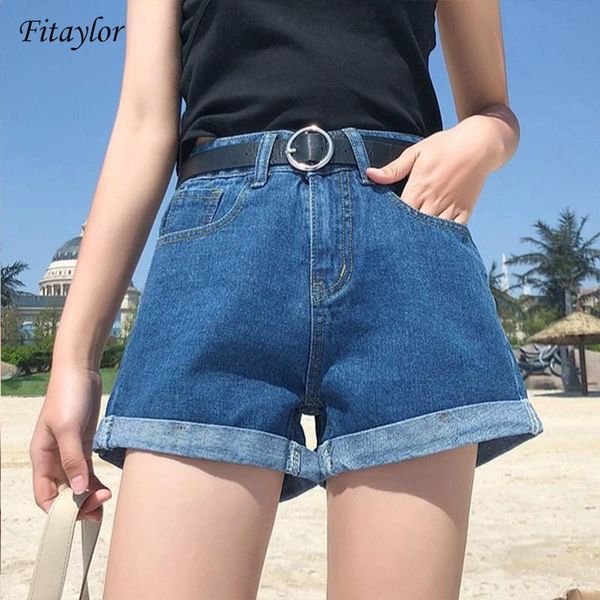 

women's shorts fitaylor 2021 summer women black denim with belt casual classic female high waist solid color blue white jeans, White;black