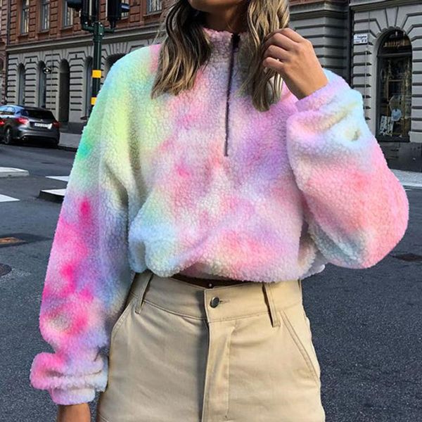 

women's jackets winter tie dye pink faux fur coat women casual loose furry teddy bear jacket shaggy thick warm soft overcoat autumn, Black;brown