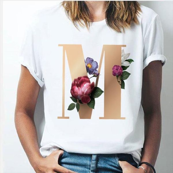 

vogue 26 alphabet golden letter women t shirt harajuku a to z alphabet combination flower short sleeve casual korean style, White