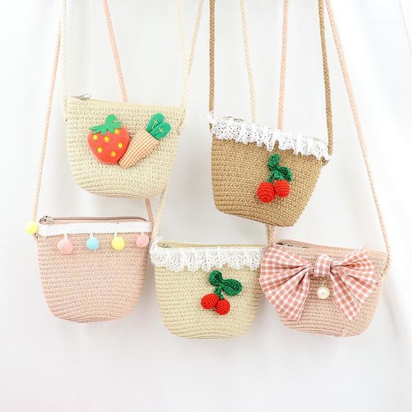 

cute baby mini straw zero wallet pouch kids girls beach shoulder bag lolita toddler money change purse accessories bag1, White