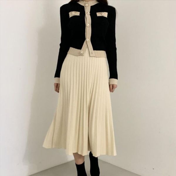 

new winter warm knitted 2 piece set korea chic ladies single breasted pearl buttons cardigan sweater pleated long skirt suit, Gray