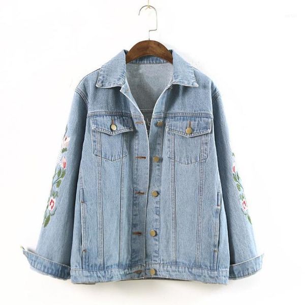 

women spring autumn flower embroidered denim jacket vintage casual lapel long sleeve pocket loose short jeans cardigan coat 1, Black;brown