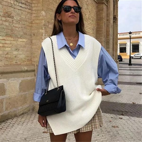 

women v neck sleeveless sweater vest knitted 2020 jumper autumn winter split white korean preppy pullover loose casual1, Black;white