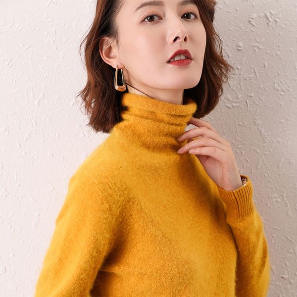 

2021 new women sweater very soft 100% mink cashmere knitted jumpers ladies turtleneck 6color standard clothes woman sweaters and pullover 8d, White;black